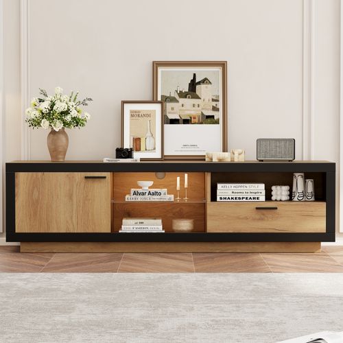 Meuble TV Moderne LED, Tiroir, étagères Verre, TV Jusqu’à 70", Mdf, Chêne Noir