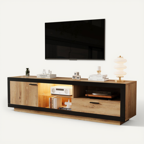 Meuble TV Moderne LED, Tiroir, étagères Verre, TV Jusqu’à 70", Mdf, Chêne Noir