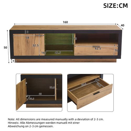 Meuble TV Moderne LED, Tiroir, étagères Verre, TV Jusqu’à 70", Mdf, Chêne Noir