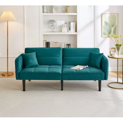 Canapé Droit Convertible 2 Places, Accoudoirs Rabattables, Velours Confortable, Pieds Bois - Vert