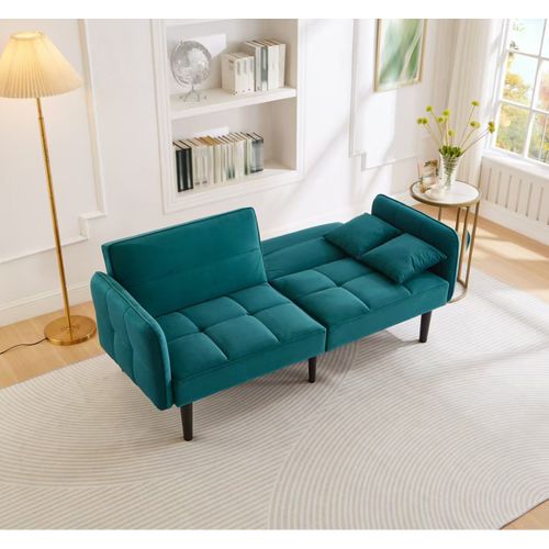 Canapé Droit Convertible 2 Places, Accoudoirs Rabattables, Velours Confortable, Pieds Bois - Vert