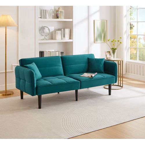 Canapé Droit Convertible 2 Places, Accoudoirs Rabattables, Velours Confortable, Pieds Bois - Vert