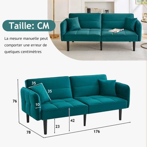 Canapé Droit Convertible 2 Places, Accoudoirs Rabattables, Velours Confortable, Pieds Bois - Vert