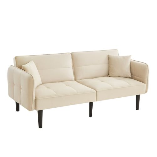 Canapé Convertible 2 Places, Dossier Et Accoudoirs Inclinables, Velours, Pieds Bois - Beige