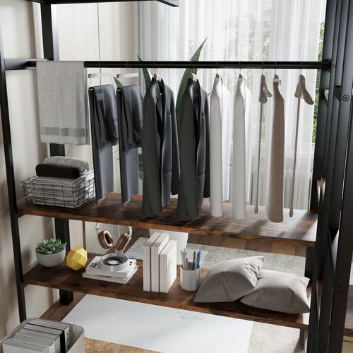 Lit Mezzanine 120x200 Cm, Bureau, Étagères, Rangement, Métal, Noir Et Bois Vintage