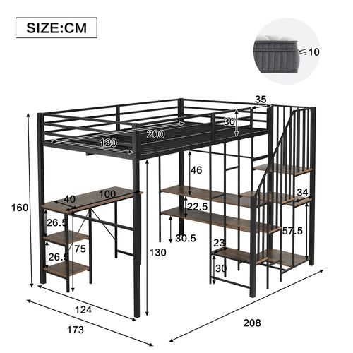 Lit Mezzanine 120x200 Cm, Bureau, Étagères, Rangement, Métal, Noir Et Bois Vintage