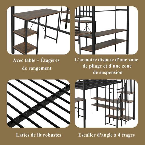 Lit Mezzanine 120x200 Cm, Bureau, Étagères, Rangement, Métal, Noir Et Bois Vintage