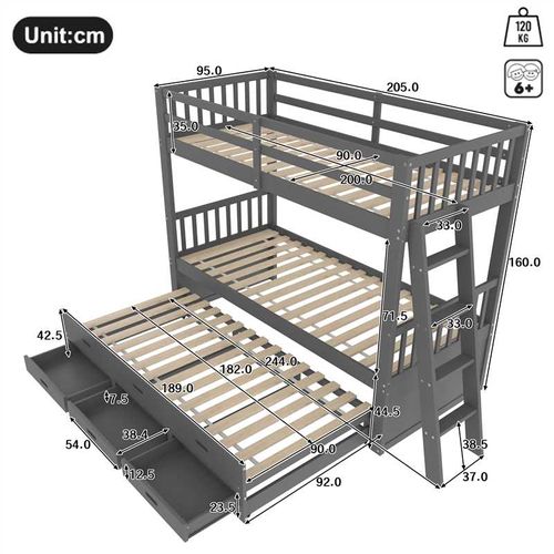 Lit Superposé 90x200 Cm - Avec Lit Gigogne Et 3 Tiroirs - Pin Et Mdf, Gris