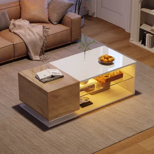 Table Basse LED Avec Coffre Caché, Design Contemporain Mdf Blanc/chêne