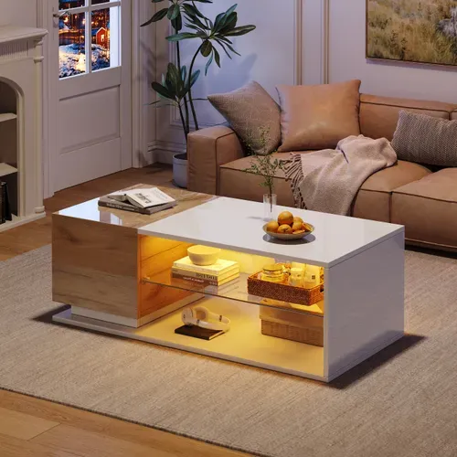 Table Basse LED Avec Coffre Caché, Design Contemporain Mdf Blanc/chêne
