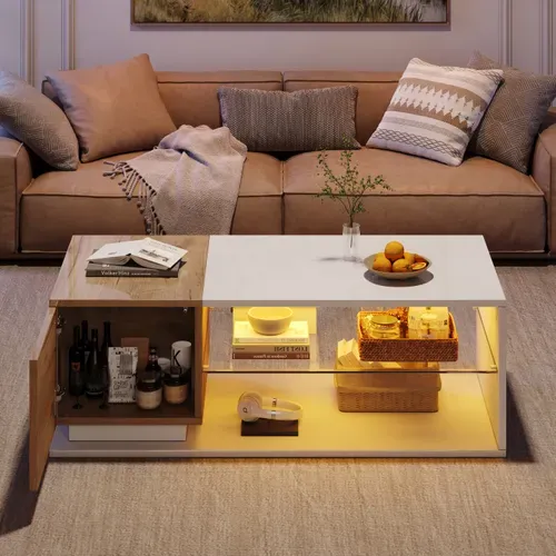 Table Basse LED Avec Coffre Caché, Design Contemporain Mdf Blanc/chêne