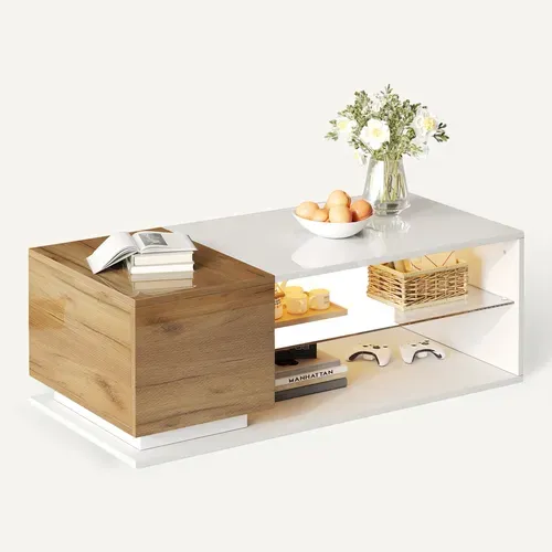 Table Basse LED Avec Coffre Caché, Design Contemporain Mdf Blanc/chêne