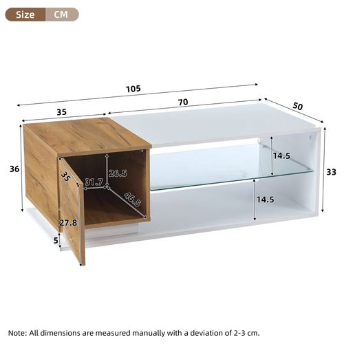 Table Basse LED Avec Coffre Caché, Design Contemporain Mdf Blanc/chêne