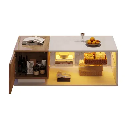Table Basse LED Avec Coffre Caché, Design Contemporain Mdf Blanc/chêne