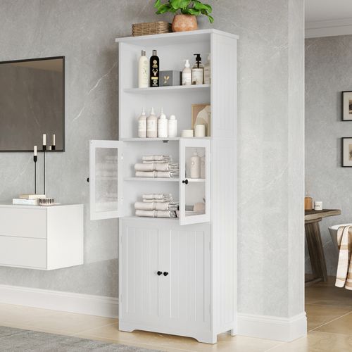Meuble Salle De Bain 4 Portes, 2 étagères Ouvertes, Ajustable - Mdf Résistant Humidité, Blanc