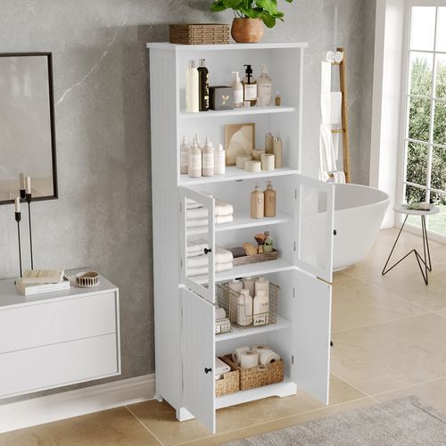 Meuble Salle De Bain 4 Portes, 2 étagères Ouvertes, Ajustable - Mdf Résistant Humidité, Blanc