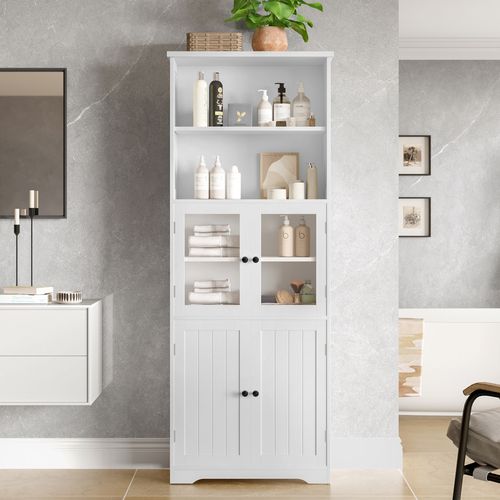 Meuble Salle De Bain 4 Portes, 2 étagères Ouvertes, Ajustable - Mdf Résistant Humidité, Blanc