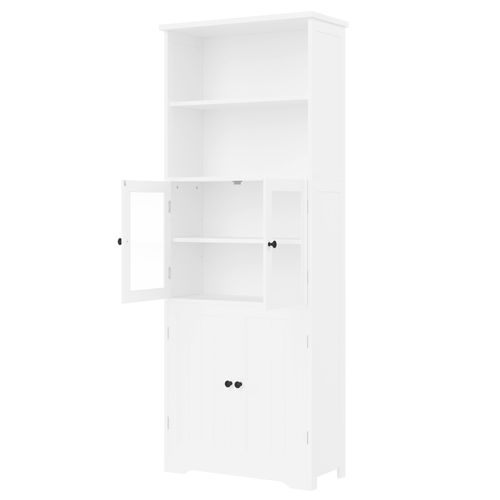 Meuble Salle De Bain 4 Portes, 2 étagères Ouvertes, Ajustable - Mdf Résistant Humidité, Blanc