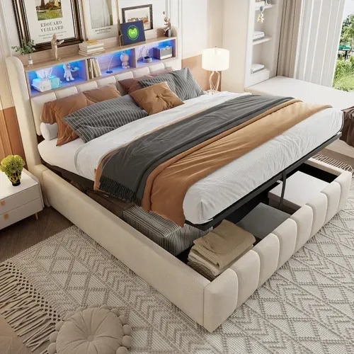 Lit Coffre Double 180×200 cm, Capitonné, Rangement Hydraulique, Tête De Lit LED, Tissu Lin, Beige