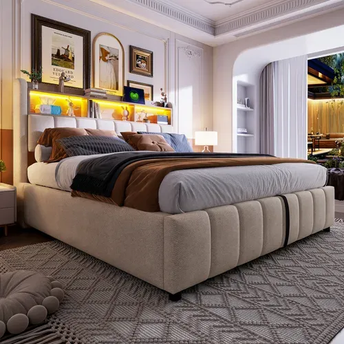 Lit Coffre Double 180×200 cm, Capitonné, Rangement Hydraulique, Tête De Lit LED, Tissu Lin, Beige