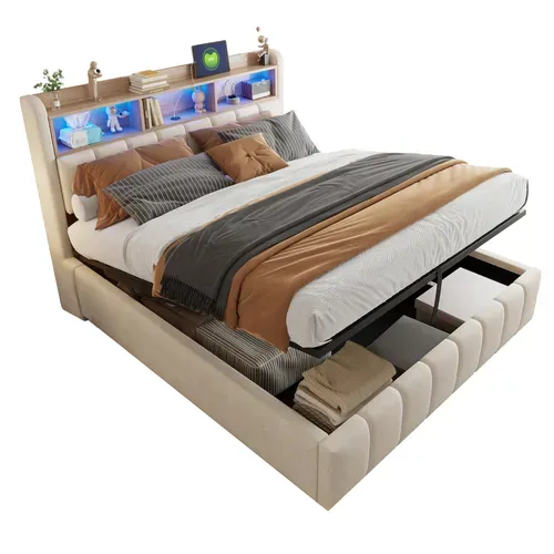 Lit Coffre Double 180×200 cm, Capitonné, Rangement Hydraulique, Tête De Lit LED, Tissu Lin, Beige