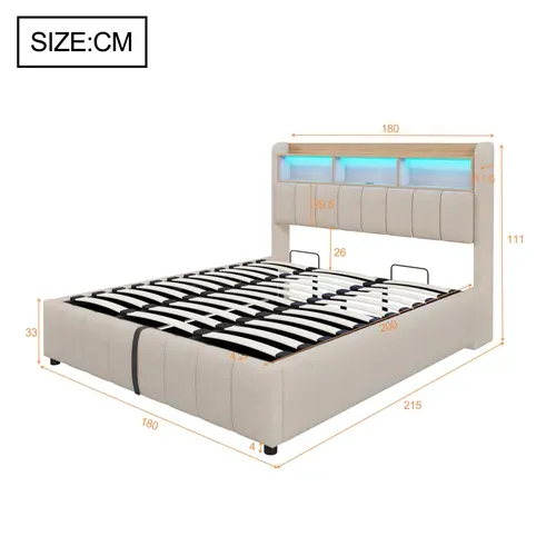 Lit Coffre Double 180×200 cm, Capitonné, Rangement Hydraulique, Tête De Lit LED, Tissu Lin, Beige