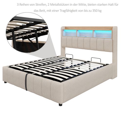 Lit Coffre Double 180×200 cm, Capitonné, Rangement Hydraulique, Tête De Lit LED, Tissu Lin, Beige