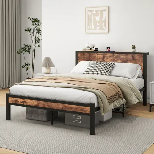 Lit Double Ado 140x200 Cm - Lit Avec Tête De Lit, Rangement, Solide Et Silencieux, Métal, Marron
