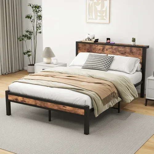 Lit Double Ado 140x200 Cm - Lit Avec Tête De Lit, Rangement, Solide Et Silencieux, Métal, Marron