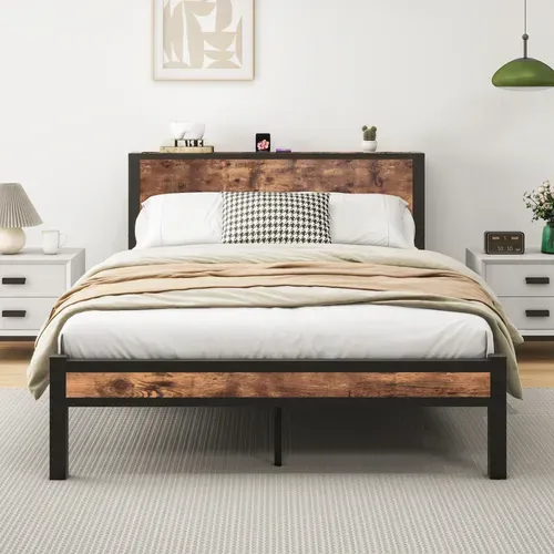 Lit Double Ado 140x200 Cm - Lit Avec Tête De Lit, Rangement, Solide Et Silencieux, Métal, Marron