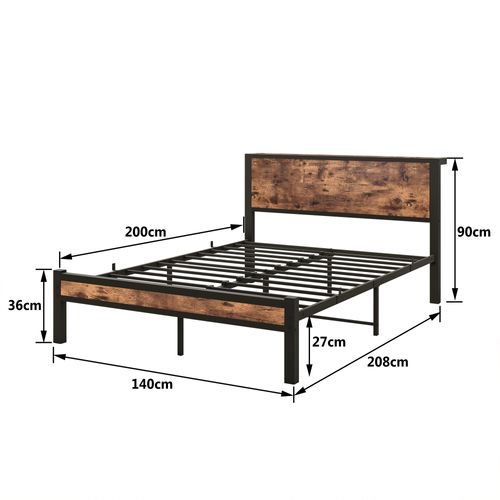 Lit Double Ado 140x200 Cm - Lit Avec Tête De Lit, Rangement, Solide Et Silencieux, Métal, Marron