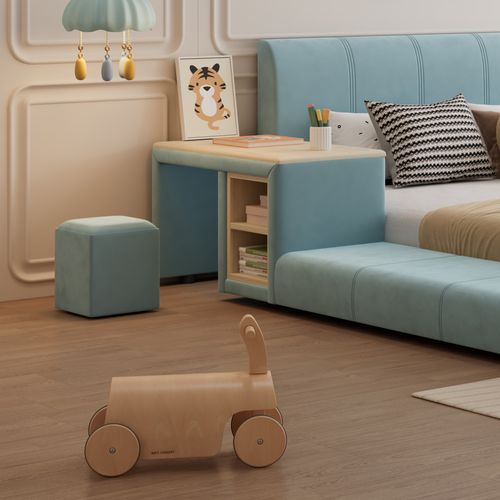 Lit Enfant 140×200 Cm Avec Bureau Latéral, Tabouret Et Rangements, Velours, Bleu