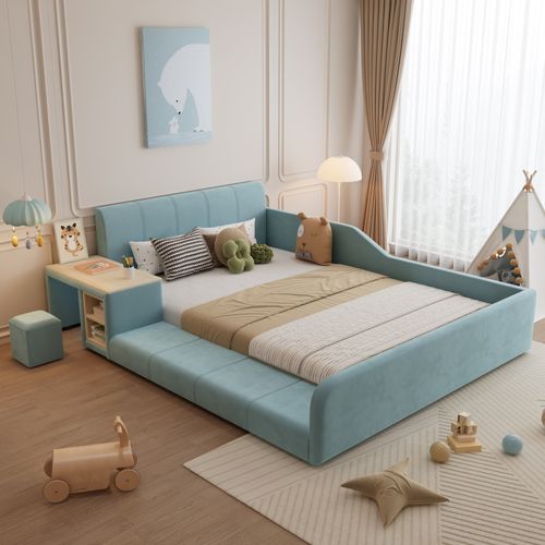Lit Enfant 140×200 Cm Avec Bureau Latéral, Tabouret Et Rangements, Velours, Bleu