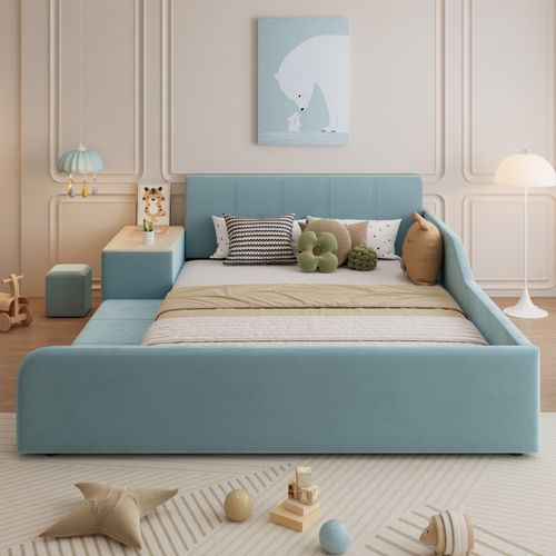 Lit Enfant 140×200 Cm Avec Bureau Latéral, Tabouret Et Rangements, Velours, Bleu
