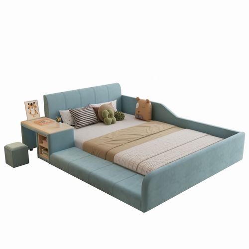 Lit Enfant 140×200 Cm Avec Bureau Latéral, Tabouret Et Rangements, Velours, Bleu