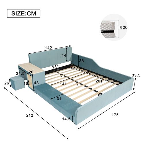 Lit Enfant 140×200 Cm Avec Bureau Latéral, Tabouret Et Rangements, Velours, Bleu