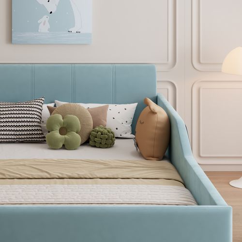 Lit Enfant 140×200 Cm Avec Bureau Latéral, Tabouret Et Rangements, Velours, Bleu