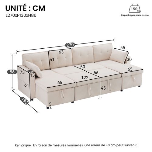 Canapé Convertible, Angle 4 Places, Coffre Rangement, Porte-gobelets, Tissu Coton - Beige