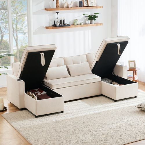 Canapé Convertible, Angle 4 Places, Coffre Rangement, Porte-gobelets, Tissu Coton - Beige