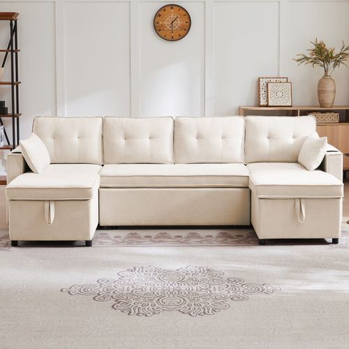 Canapé Convertible, Angle 4 Places, Coffre Rangement, Porte-gobelets, Tissu Coton - Beige