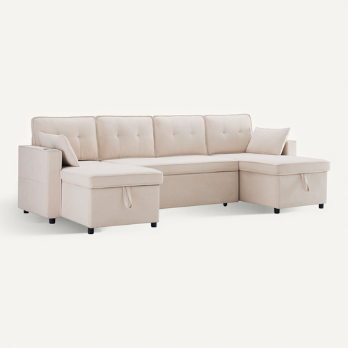 Canapé Convertible, Angle 4 Places, Coffre Rangement, Porte-gobelets, Tissu Coton - Beige