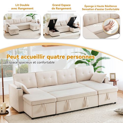 Canapé Convertible, Angle 4 Places, Coffre Rangement, Porte-gobelets, Tissu Coton - Beige