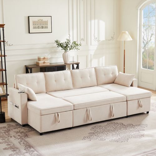 Canapé Convertible, Angle 4 Places, Coffre Rangement, Porte-gobelets, Tissu Coton - Beige