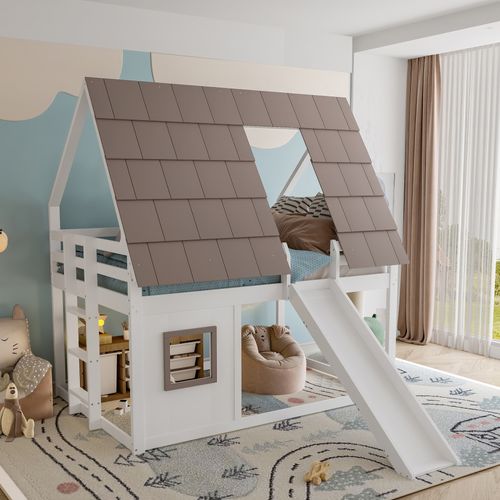 Lit Superposé 140x200 Cm - Lit Superposé Maison Avec Toboggan - Mdf Et Pin - Brun