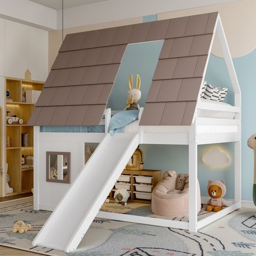 Lit Superposé 140x200 Cm - Lit Superposé Maison Avec Toboggan - Mdf Et Pin - Brun