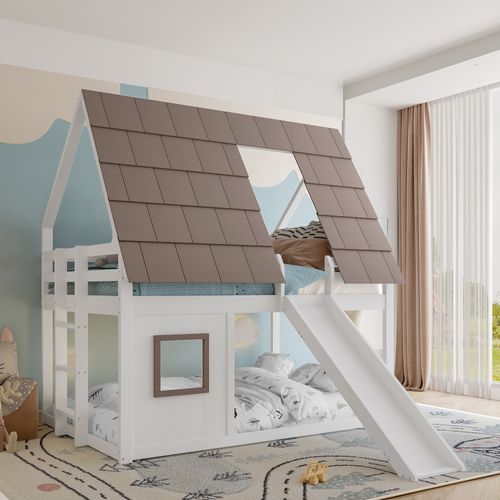 Lit Superposé 140x200 Cm - Lit Superposé Maison Avec Toboggan - Mdf Et Pin - Brun