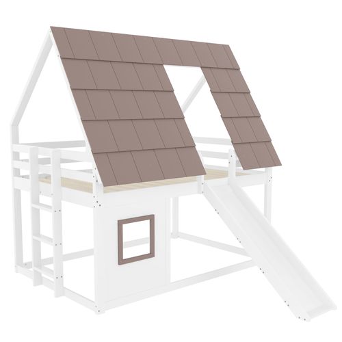 Lit Superposé 140x200 Cm - Lit Superposé Maison Avec Toboggan - Mdf Et Pin - Brun