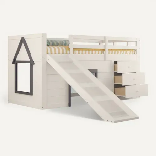 Lit Mezzanine 90x200 Cm - Lit Avec Rangement Et Toboggan - Mdf Et Pin - Crème