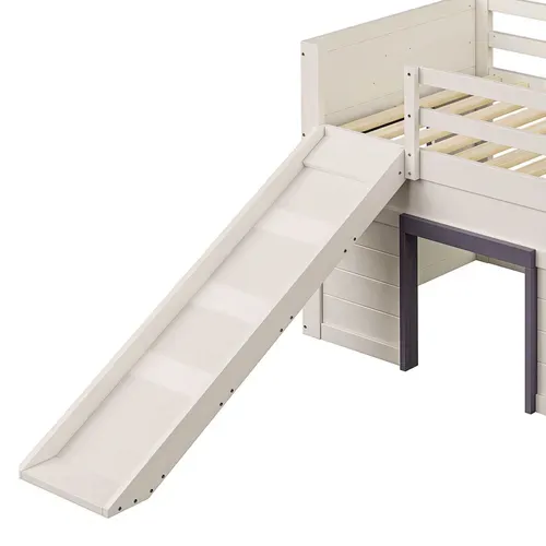 Lit Mezzanine 90x200 Cm - Lit Avec Rangement Et Toboggan - Mdf Et Pin - Crème