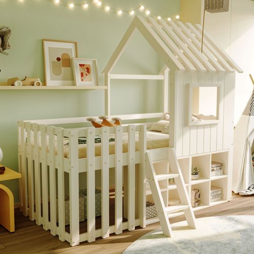 Lit Cabane Enfant 90×200 Cm, Toit, Fenêtres Et Rangements Ouverts, Bois, Blanc